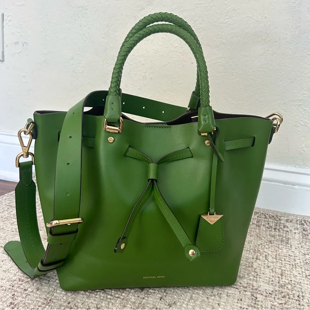 Michael Kors Green Leather Drawstring Satchel with Braided Handles - Picture 2 of 8